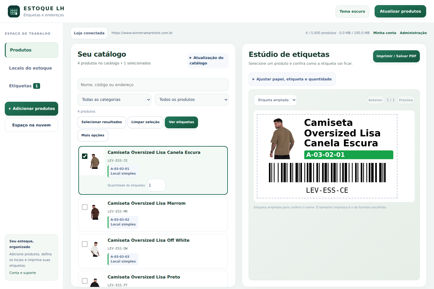 Interface do LH com catálogo de produtos, localização e prévia de etiqueta com foto e código de barras